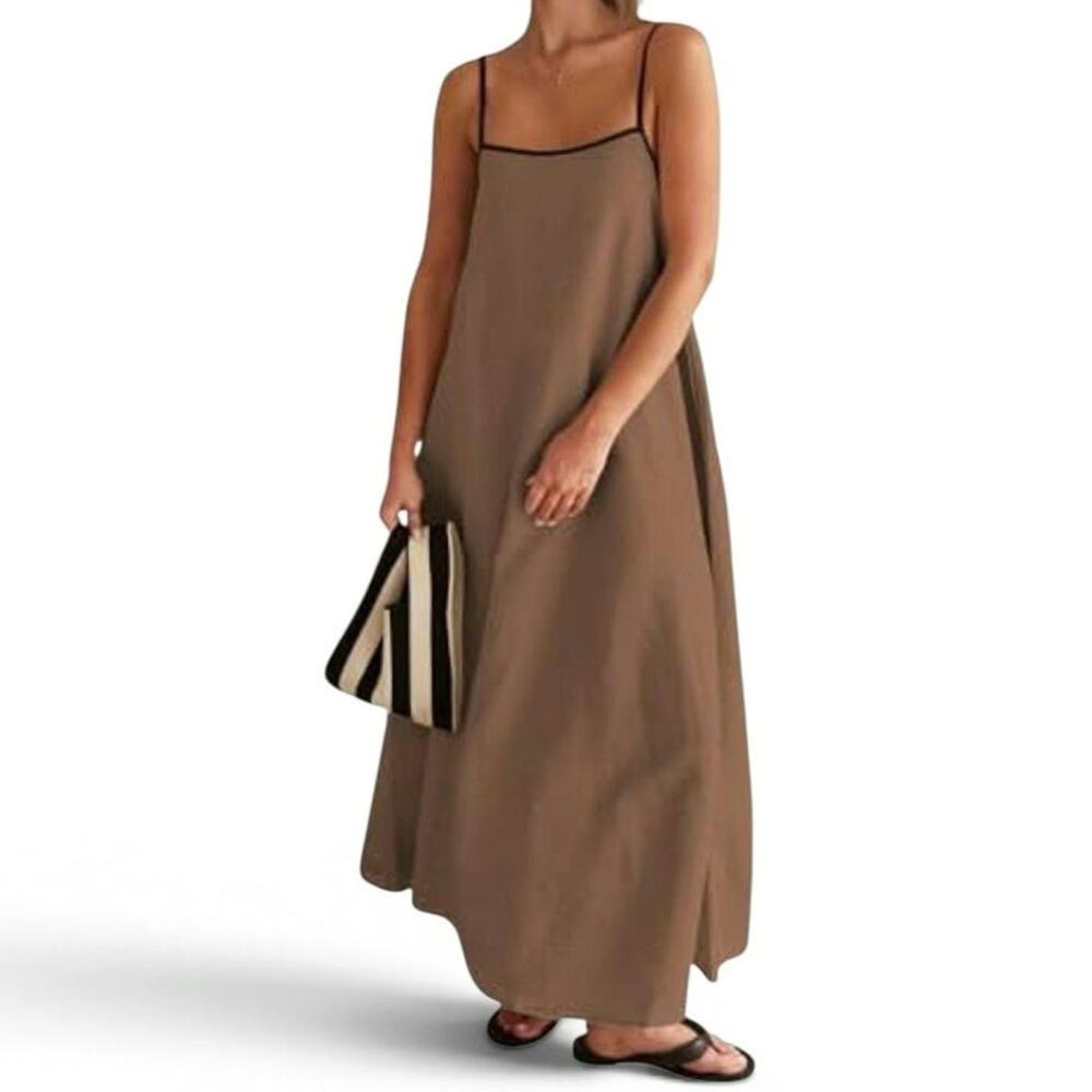 Shy Velvet Linen A-Line Maxi Dress Square Neck Open Back Pockets Brown L